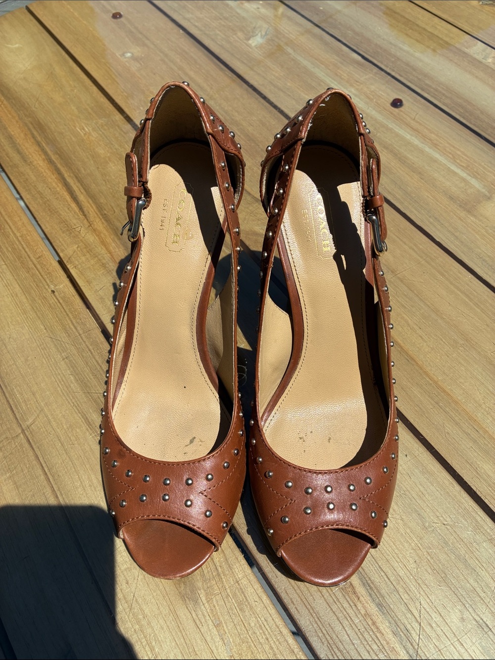 Coach Billie Women's Brown Studded Peep-Toe Heels with Buckle Strap - Picture 2 of 8